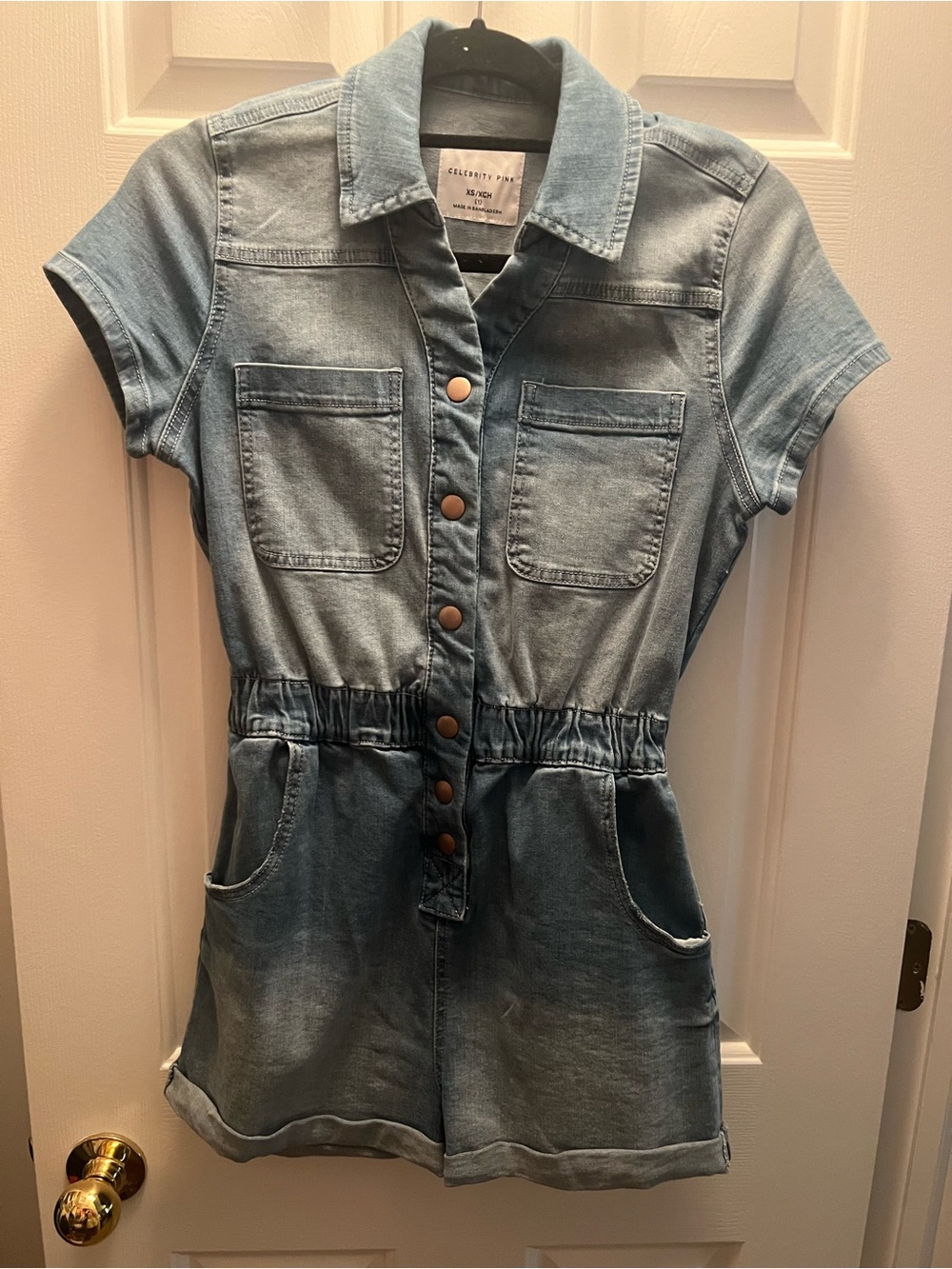 Celebrity Pink Light Blue Denim Short-Sleeve One-Piece Romper